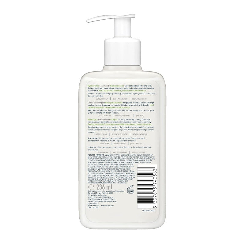 Cerave Creme-Zu-Schaum Reinigung, Feuchtigkeitsspendende Reinigungscreme, Für Normale Bis Trockene Haut, Entfernt Schmutz Und Make-Up, Mit Hyaluron Und Ceramiden, 236 Ml