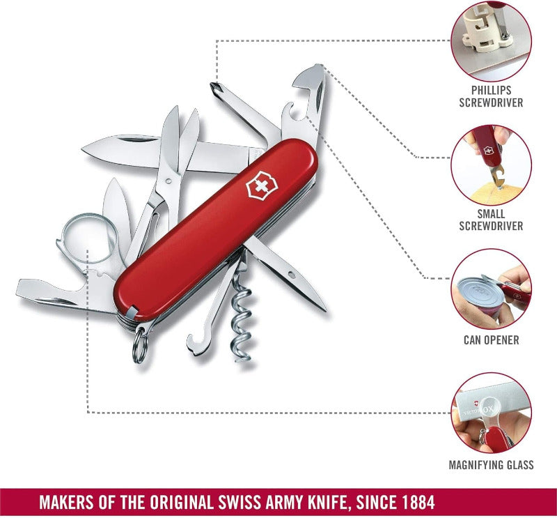Victorinox Explorer Swiss Army Knife – 16 Function Multitool Pocket Knife with Blade, Corkscrew, Can Opener – Classic Red