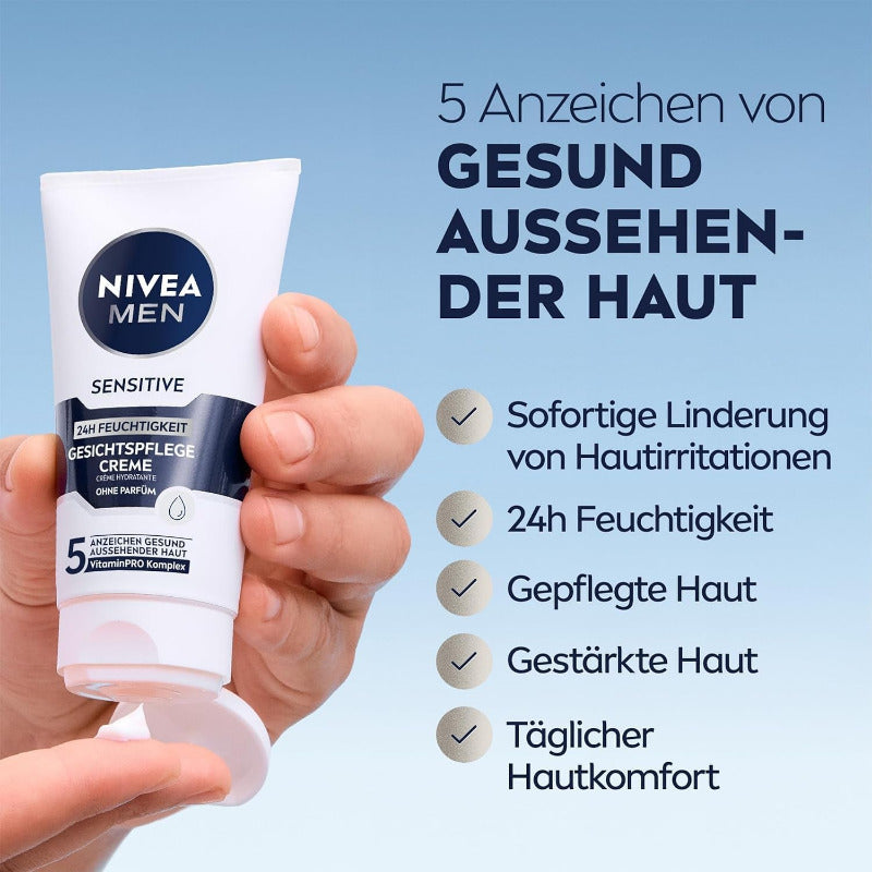 NIVEA MEN Sensitive Gesichtspflege Creme, 24H Feuchtigkeitscreme Für Empfindliche Männerhaut, Beruhigende Gesichtscreme Zur Linderung Von Hautirritationen (75 Ml)