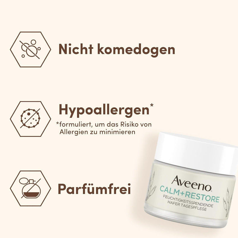 Aveeno CALM+RESTORE Feuchtigkeitsspendende Hafer Tagespflege (50 Ml), Parfümfreie 24 Stunden Feuchtigkeitspflege, Beruhigt Sofort Empfindliche Haut, Mit Präbiotischem Hafer & Beruhigendem Mutterkraut