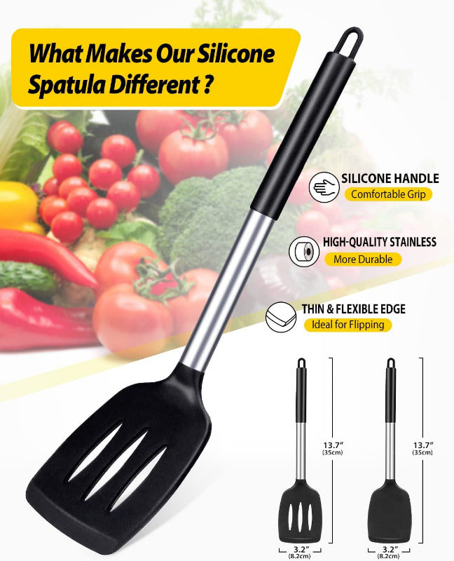 BUNDLEPRO 2-Piece Slotted Silicone Spatula Set – BPA-Free, Heat-Resistant Non-Stick Turner for Fish, Eggs & Pancakes | Flexible, Durable & Dishwasher Safe (Black)