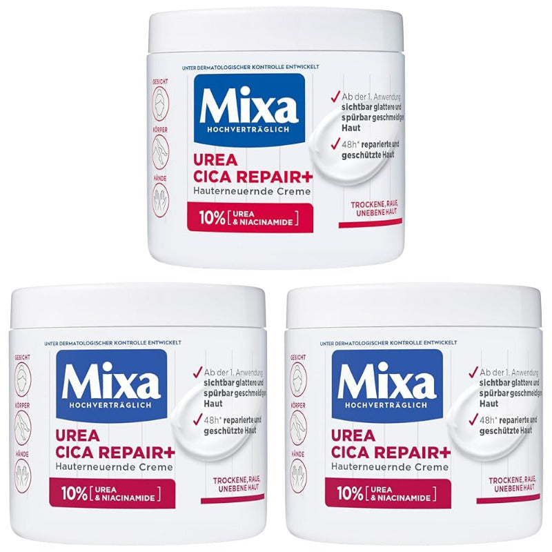 Mixa Urea Hauterneuernde Creme Mit Urea & Niacinamide, Für Trockene Und Raue Und Unebene Haut, Repariert Und Glättet, Feuchtigkeitspflege Für Den Körper, Hände Und Gesicht, Urea Cica Repair+, 400 Ml
