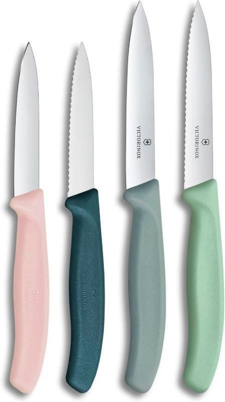 Victorinox Swiss Classic, Tomaten- Und Gemüsemesser Set, 4Teilig, Scharfe Klinge, 8 Und 10 Cm, Wellenschliff, Rostfreier Stahl, Pink Und Grün