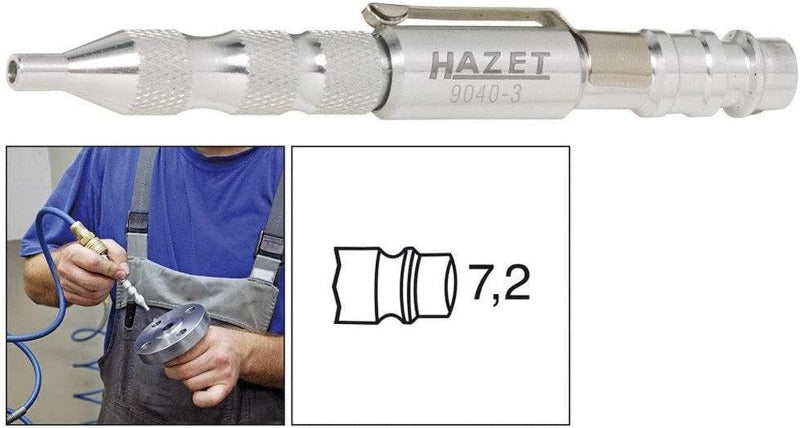 HAZET Ausblasstift 9040-3 I Druckluft-Werkzeug Mit 3 Mm Düse Und 360 L / Min, Integrierter Kupplungsstecker 7,2 Mm, 12 Bar Eingangsdruck, Mit Praktischem Anhängeclip