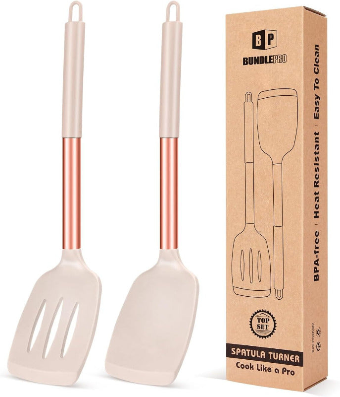 BUNDLEPRO 2-Piece Slotted Silicone Spatula Set – BPA-Free, Heat-Resistant Non-Stick Turner for Fish, Eggs & Pancakes | Flexible, Durable & Dishwasher Safe (Black)