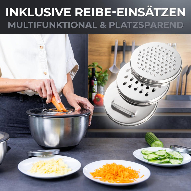 Ovisine Edelstahlschüssel-Set Roumare | 3-Teilig | ⌀ 24, 20, 16 Cm | Rührschüssel Edelstahl | Salatschüssel Groß | Küche | Rutschfester Boden | 1,0L - 2,5L - 4,5L Rührschüsseln | Inkl. Zubehör
