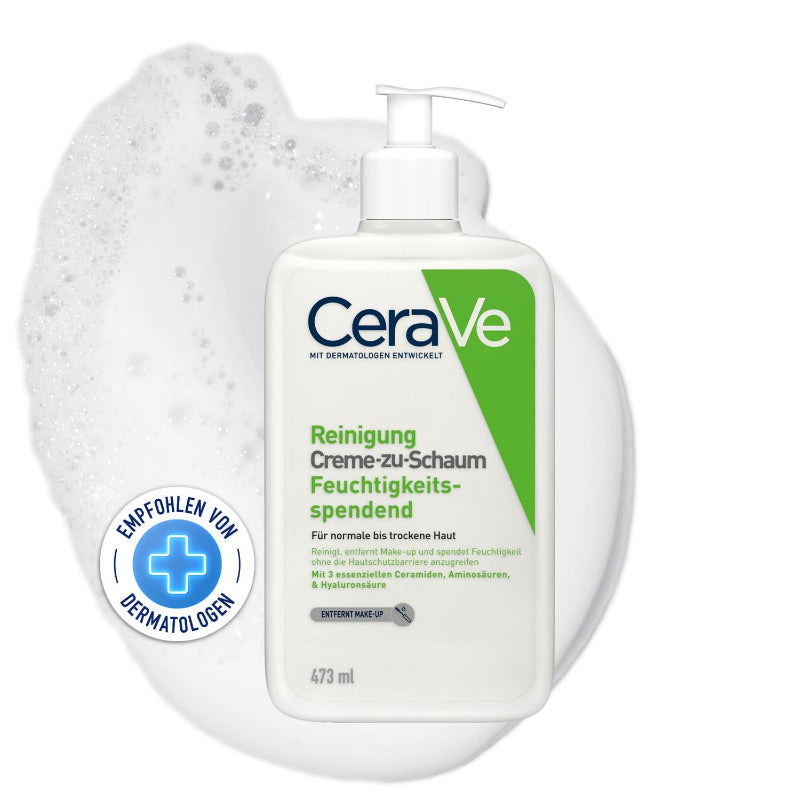 Cerave Creme-Zu-Schaum Reinigung, Feuchtigkeitsspendende Reinigungscreme, Für Normale Bis Trockene Haut, Entfernt Schmutz Und Make-Up, Mit Hyaluron Und Ceramiden, 236 Ml