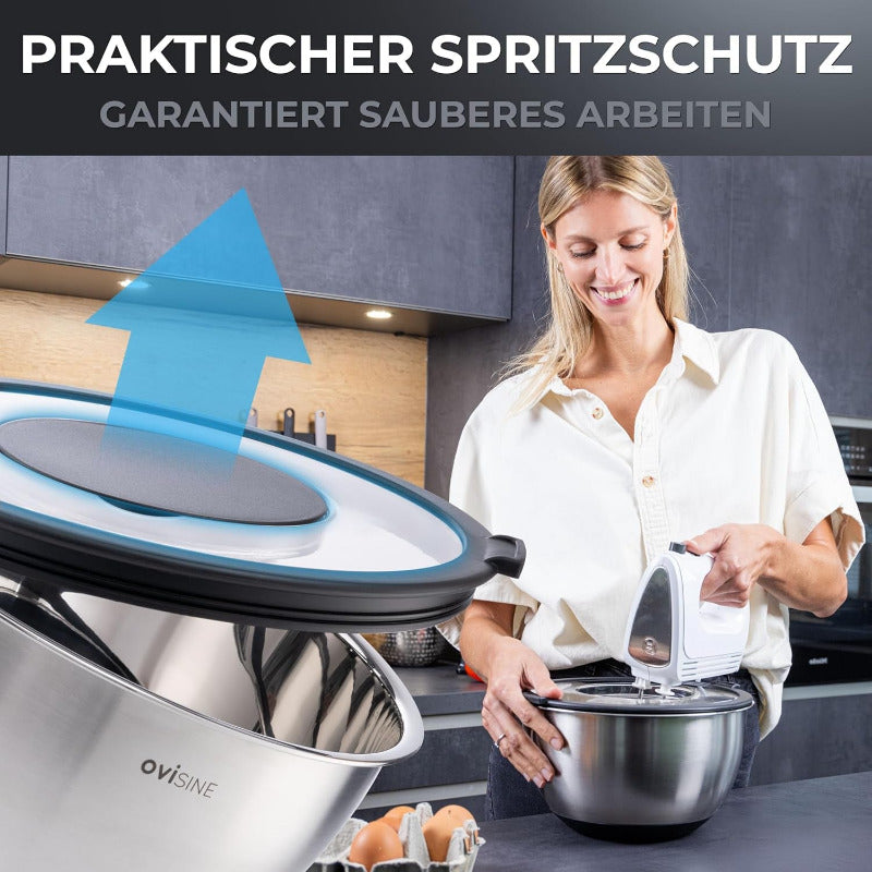 Ovisine Edelstahlschüssel-Set Roumare | 3-Teilig | ⌀ 24, 20, 16 Cm | Rührschüssel Edelstahl | Salatschüssel Groß | Küche | Rutschfester Boden | 1,0L - 2,5L - 4,5L Rührschüsseln | Inkl. Zubehör