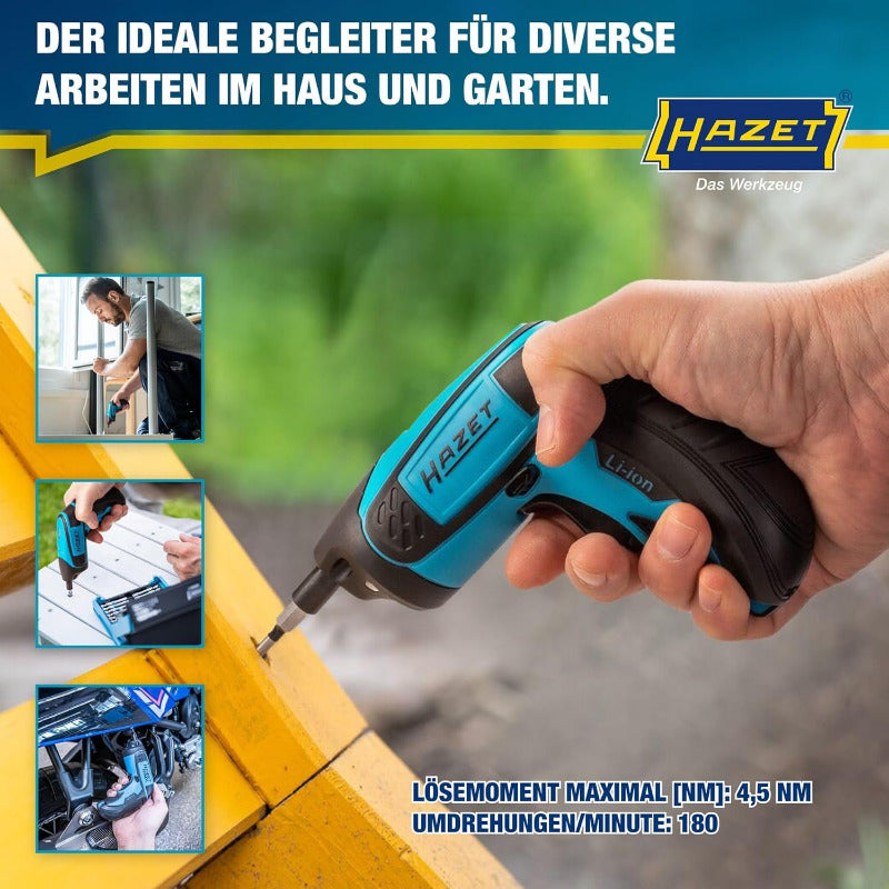 HAZET 1/4″ Bit Akku Schrauber Satz 9230B-1, 7-Teilig, 4.5 Nm Lösemoment, Innen TORX, Pozidriv PZ, Innen Sechskant, 180 U/Min, 2,5 Ah Akku, Inkl. Holster