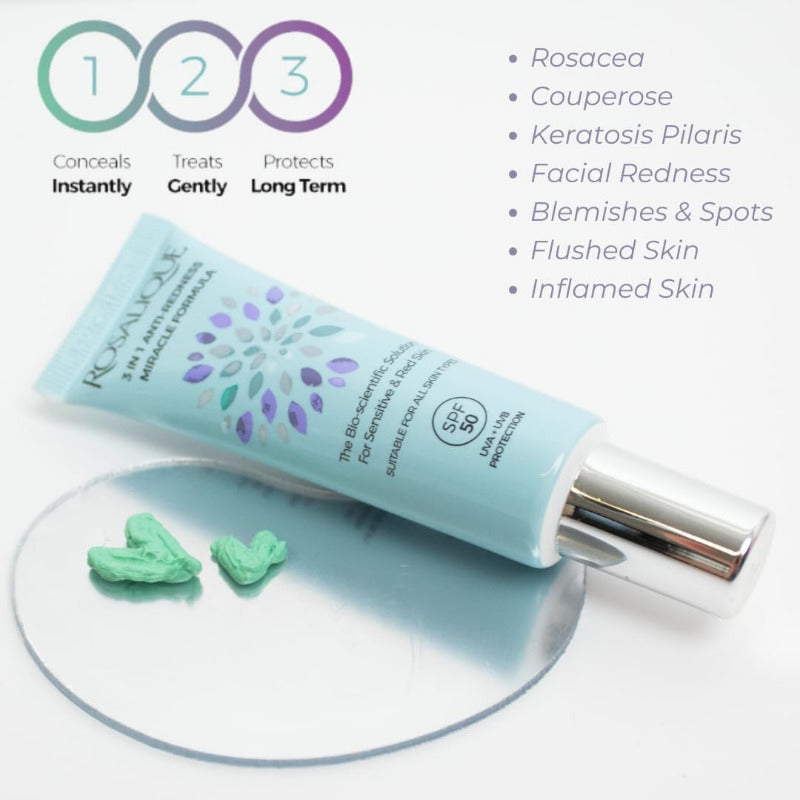 Rosalique 3 in 1 Anti-Redness Miracle Formula Colour Corrector SPF50 for Hypersensitive and Redness Prone Skin, Suitable for All Skin Types 1 X 30 Ml