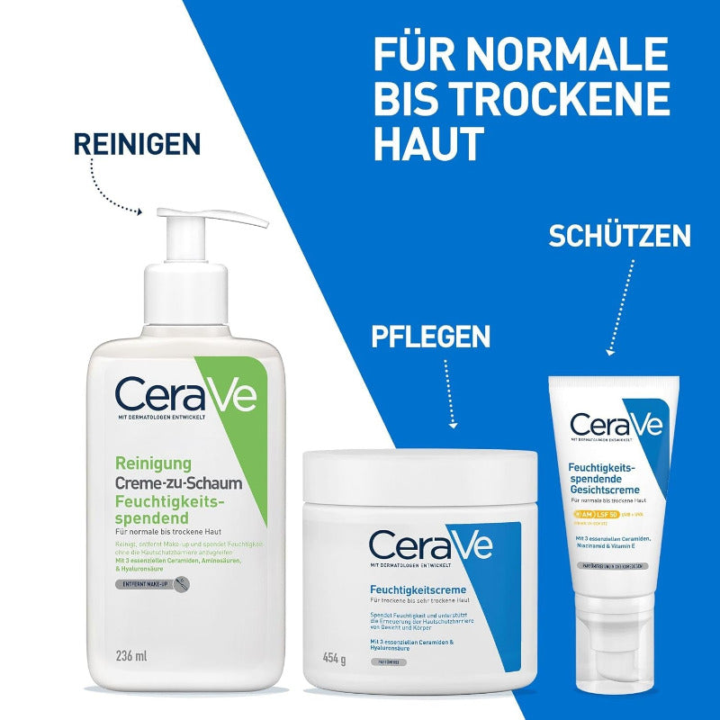 Cerave Creme-Zu-Schaum Reinigung, Feuchtigkeitsspendende Reinigungscreme, Für Normale Bis Trockene Haut, Entfernt Schmutz Und Make-Up, Mit Hyaluron Und Ceramiden, 236 Ml