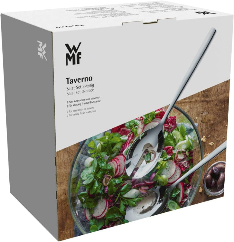 WMF Taverno 3-Piece Salad Bowl Set Glass Salad Bowl with Stainless Steel Servers