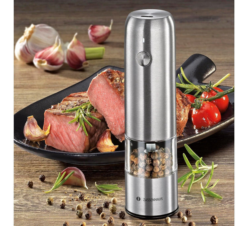ZASSENHAUS Cologne Electric Pepper Mill – 14 cm | Adjustable Ceramic Grinder | Stainless Steel