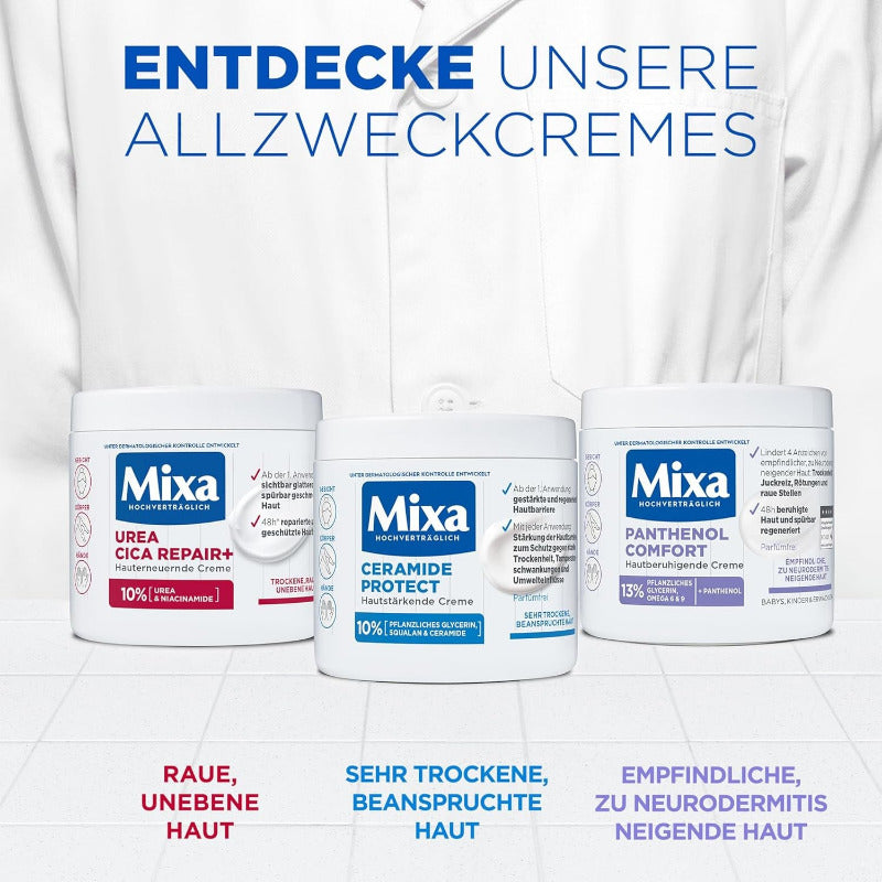 Mixa Urea Hauterneuernde Creme Mit Urea & Niacinamide, Für Trockene Und Raue Und Unebene Haut, Repariert Und Glättet, Feuchtigkeitspflege Für Den Körper, Hände Und Gesicht, Urea Cica Repair+, 400 Ml