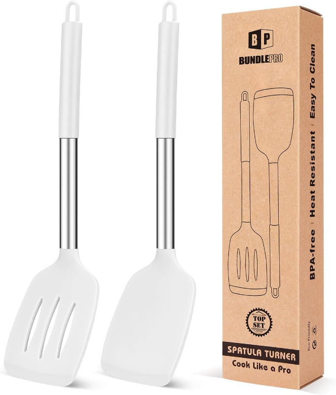BUNDLEPRO 2-Piece Slotted Silicone Spatula Set – BPA-Free, Heat-Resistant Non-Stick Turner for Fish, Eggs & Pancakes | Flexible, Durable & Dishwasher Safe (Black)