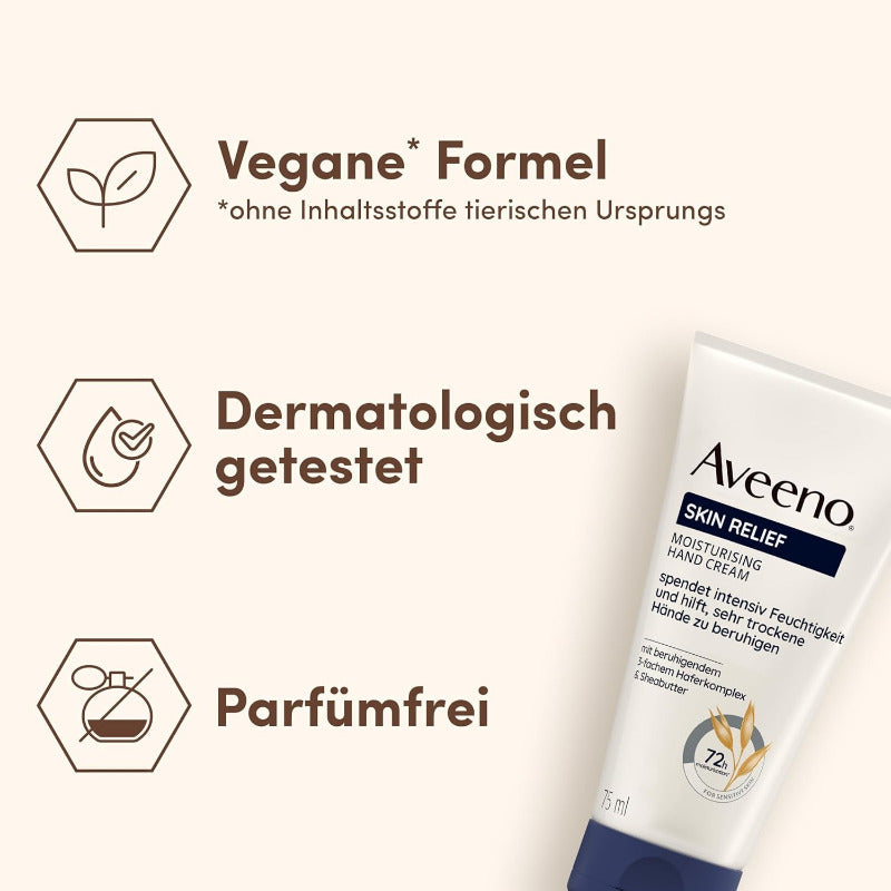 Aveeno Skin Relief Feuchtigkeitsspendende Handcreme (75 Ml), Parfümfreie Handcreme Für Sehr Trockene Hände, Natürliche Hautpflege Mit Beruhigendem Hafer & Sheabutter, Vegan*