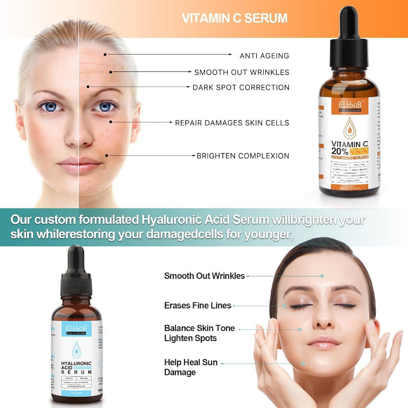 Gesichtspflege Serum Set Mit Vitamin C Serum Hyaluron Serum - Gegen Falten, Trockene, Matte Haut & Dunkle Flecken, Anti-Aging-Pflege Für Einen Frischen Glow Und Ebenmäßigen Teint