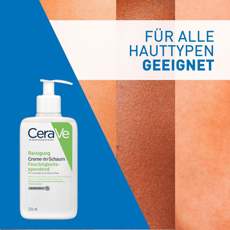 Cerave Creme-Zu-Schaum Reinigung, Feuchtigkeitsspendende Reinigungscreme, Für Normale Bis Trockene Haut, Entfernt Schmutz Und Make-Up, Mit Hyaluron Und Ceramiden, 236 Ml