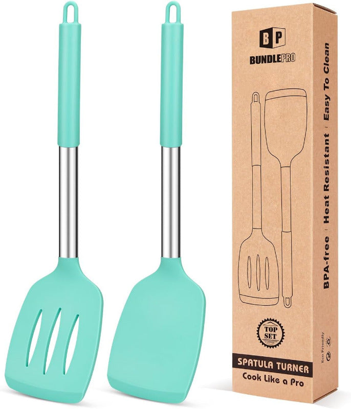 BUNDLEPRO 2-Piece Slotted Silicone Spatula Set – BPA-Free, Heat-Resistant Non-Stick Turner for Fish, Eggs & Pancakes | Flexible, Durable & Dishwasher Safe (Black)