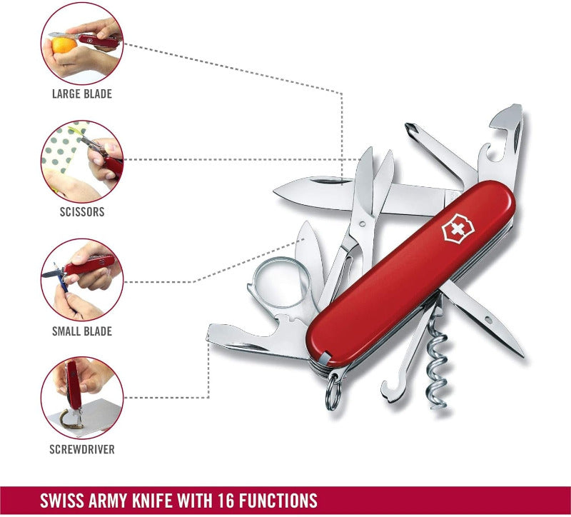 Victorinox Explorer Swiss Army Knife – 16 Function Multitool Pocket Knife with Blade, Corkscrew, Can Opener – Classic Red