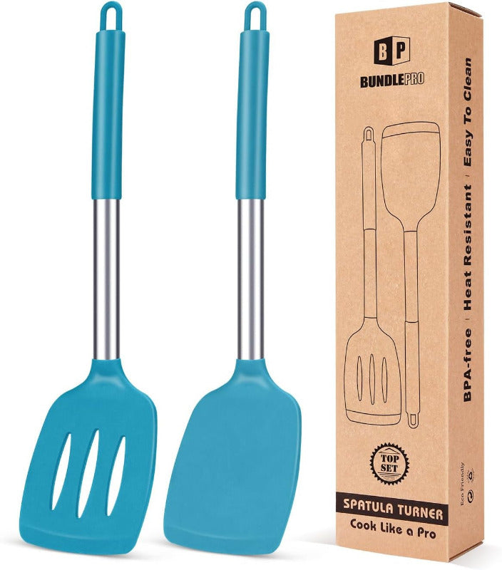BUNDLEPRO 2-Piece Slotted Silicone Spatula Set – BPA-Free, Heat-Resistant Non-Stick Turner for Fish, Eggs & Pancakes | Flexible, Durable & Dishwasher Safe (Black)