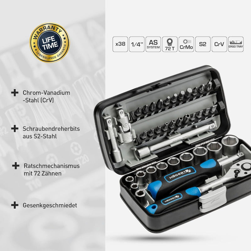 Högert Technik - Werkzeugset I Steckschlüssel, Bits Und Ausstattung 1/4” I Legiertem Chrom-Vanadium-Stahl I Gesenkgeschmiedet I Ratschenmechanik Mit 72 Sperrklinken I Ht1R462-38-Tlg