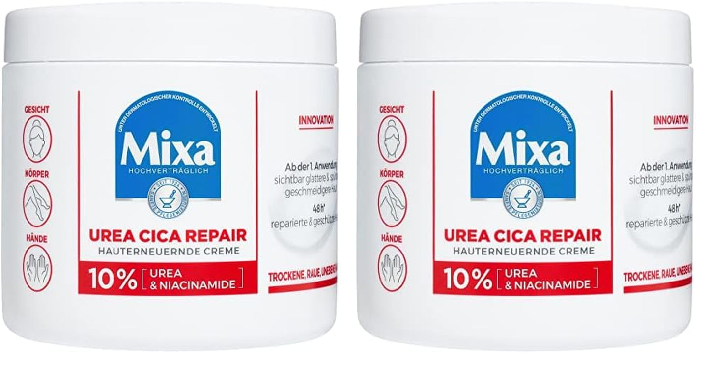Mixa Urea Hauterneuernde Creme Mit Urea & Niacinamide, Für Trockene Und Raue Und Unebene Haut, Repariert Und Glättet, Feuchtigkeitspflege Für Den Körper, Hände Und Gesicht, Urea Cica Repair+, 400 Ml