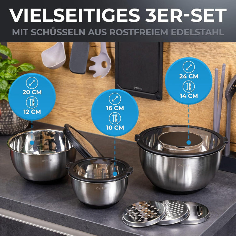 Ovisine Edelstahlschüssel-Set Roumare | 3-Teilig | ⌀ 24, 20, 16 Cm | Rührschüssel Edelstahl | Salatschüssel Groß | Küche | Rutschfester Boden | 1,0L - 2,5L - 4,5L Rührschüsseln | Inkl. Zubehör