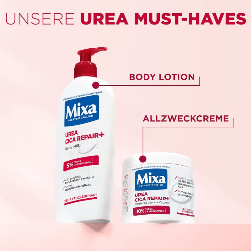 Mixa Urea Hauterneuernde Creme Mit Urea & Niacinamide, Für Trockene Und Raue Und Unebene Haut, Repariert Und Glättet, Feuchtigkeitspflege Für Den Körper, Hände Und Gesicht, Urea Cica Repair+, 400 Ml