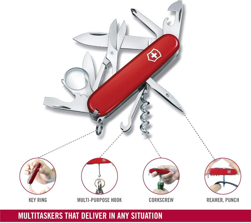 Victorinox Explorer Swiss Army Knife – 16 Function Multitool Pocket Knife with Blade, Corkscrew, Can Opener – Classic Red
