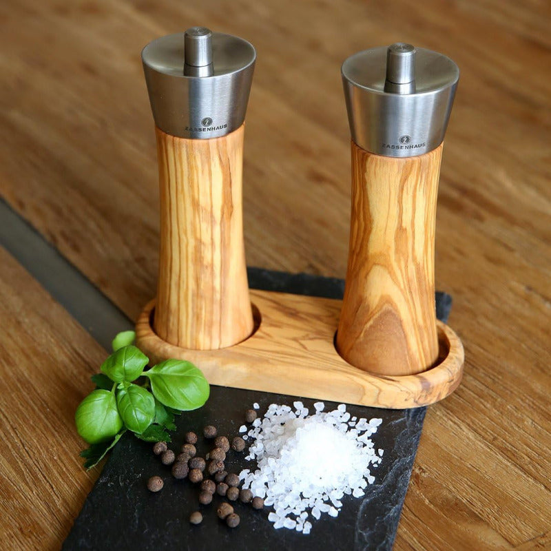 ZASSENHAUS Augsburg Salt & Pepper Mill Set – Olive Wood, 18 cm with Tray