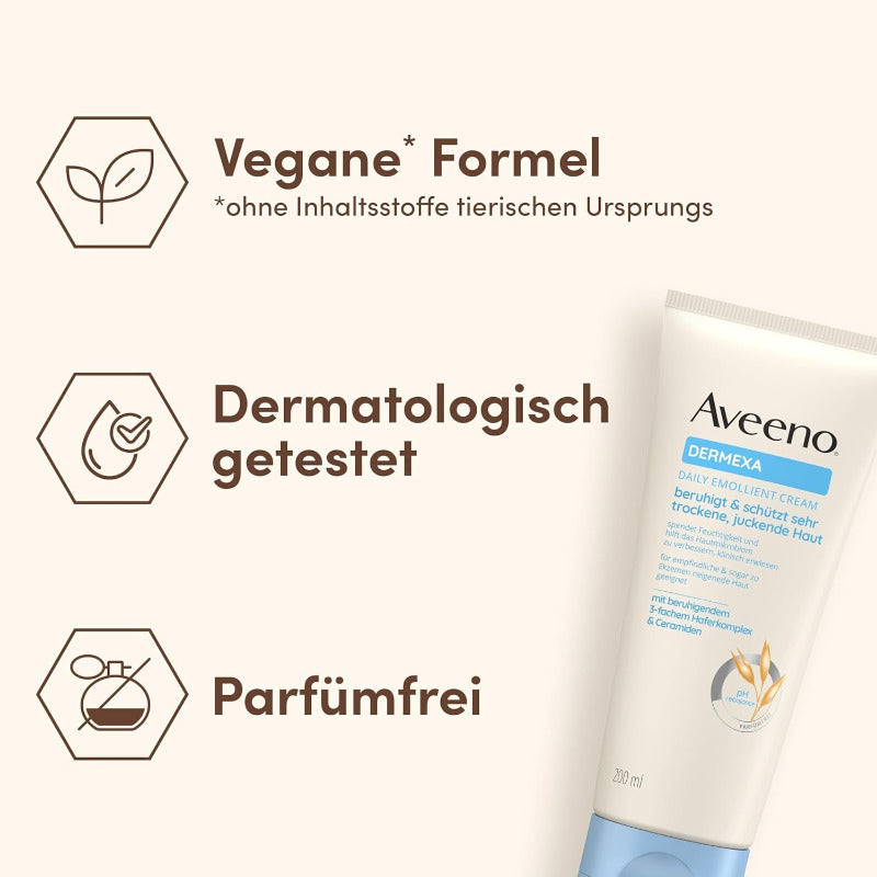 Aveeno Dermexa Tägliche Emollentien Creme (200 Ml), Körperlotion Für Sehr Trockene Haut, Die Zu Ekzemen Neigt, Natürliche Hautpflege Mit Hafer Und Ceramiden, Vegan*