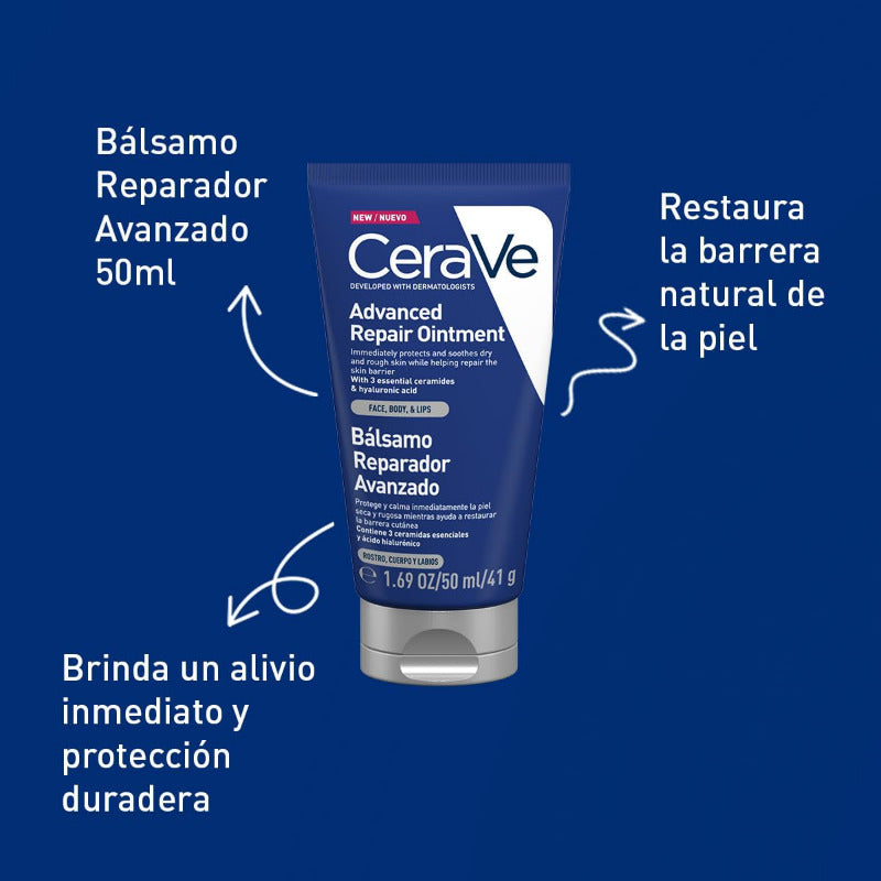 Cerave Bálsamo Reparador Avanzado, Para Piel Agrietada, Irritada Y Seca, Para Rostro, Labios Y Cuerpo, Protege, Hidrata Y Alivia, Con Vaselina, Ácido Hialurónico Y Ceramidas, 50Ml