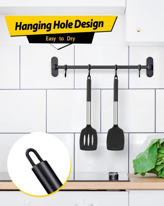 BUNDLEPRO 2-Piece Slotted Silicone Spatula Set – BPA-Free, Heat-Resistant Non-Stick Turner for Fish, Eggs & Pancakes | Flexible, Durable & Dishwasher Safe (Black)