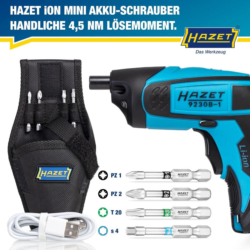 HAZET 1/4″ Bit Akku Schrauber Satz 9230B-1, 7-Teilig, 4.5 Nm Lösemoment, Innen TORX, Pozidriv PZ, Innen Sechskant, 180 U/Min, 2,5 Ah Akku, Inkl. Holster