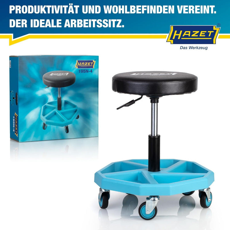HAZET Arbeitssitz 195N-4; Stabile Vierkant-Rohrrahmenkonstruktion; 5 Leichtlaufrollen 75 Mm; Höhenverstellbar 430-550 Mm; Belastbar Bis 150 Kg; Großes Sitzkissen 350 Mm
