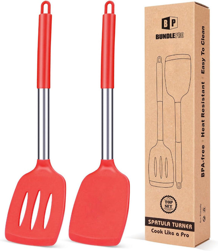 BUNDLEPRO 2-Piece Slotted Silicone Spatula Set – BPA-Free, Heat-Resistant Non-Stick Turner for Fish, Eggs & Pancakes | Flexible, Durable & Dishwasher Safe (Black)