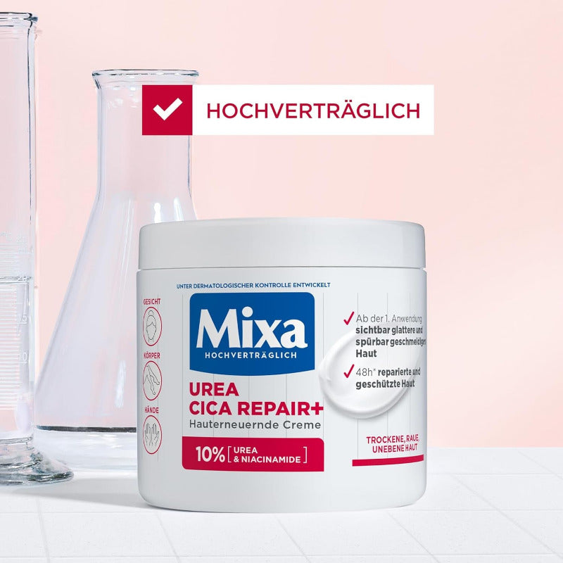 Mixa Urea Hauterneuernde Creme Mit Urea & Niacinamide, Für Trockene Und Raue Und Unebene Haut, Repariert Und Glättet, Feuchtigkeitspflege Für Den Körper, Hände Und Gesicht, Urea Cica Repair+, 400 Ml
