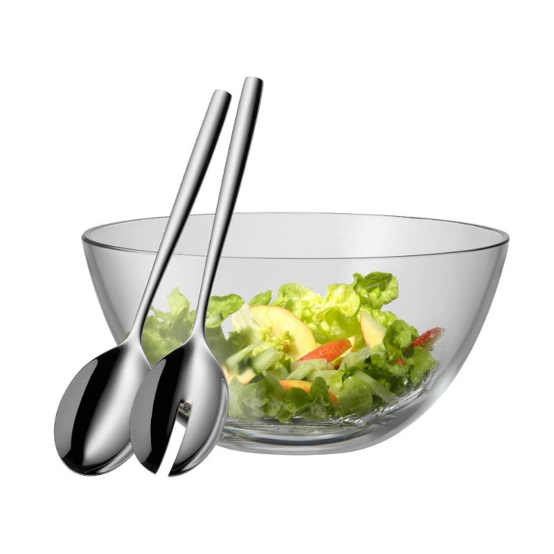 WMF Taverno 3-Piece Salad Bowl Set Glass Salad Bowl with Stainless Steel Servers