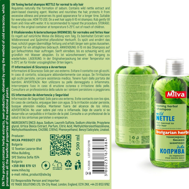 Milva Brennnessel Shampoo Für Fettiges Haar – 500Ml Anti-Fett Haarshampoo Gegen Schuppen & Fettige Kopfhaut, Tiefenreinigung & Volumen, Natürlich Mit Brennnessel-Extrakt, Ohne Silikone & Parabene