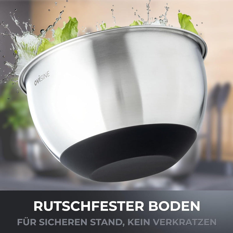 Ovisine Edelstahlschüssel-Set Roumare | 3-Teilig | ⌀ 24, 20, 16 Cm | Rührschüssel Edelstahl | Salatschüssel Groß | Küche | Rutschfester Boden | 1,0L - 2,5L - 4,5L Rührschüsseln | Inkl. Zubehör