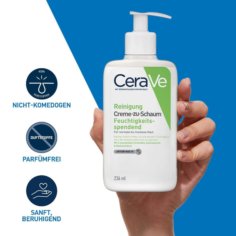 Cerave Creme-Zu-Schaum Reinigung, Feuchtigkeitsspendende Reinigungscreme, Für Normale Bis Trockene Haut, Entfernt Schmutz Und Make-Up, Mit Hyaluron Und Ceramiden, 236 Ml
