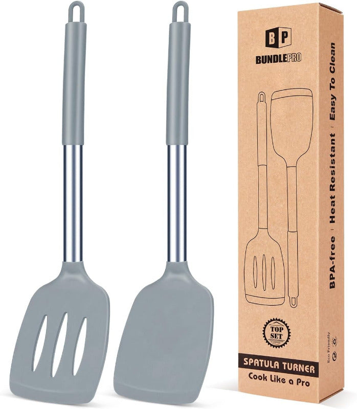 BUNDLEPRO 2-Piece Slotted Silicone Spatula Set – BPA-Free, Heat-Resistant Non-Stick Turner for Fish, Eggs & Pancakes | Flexible, Durable & Dishwasher Safe (Black)