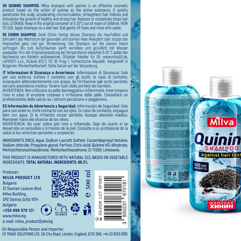 Milva Chinine Shampoo Gegen Haarausfall 500Ml | Für Besseres Haarwachstum, Haarausfall-Shampoo Für Männer Und Frauen, Haarwuchsmittel Haarshampoo Mit Chinin, Haarpflege Für Mehr-Haare Auf Dem Kopf