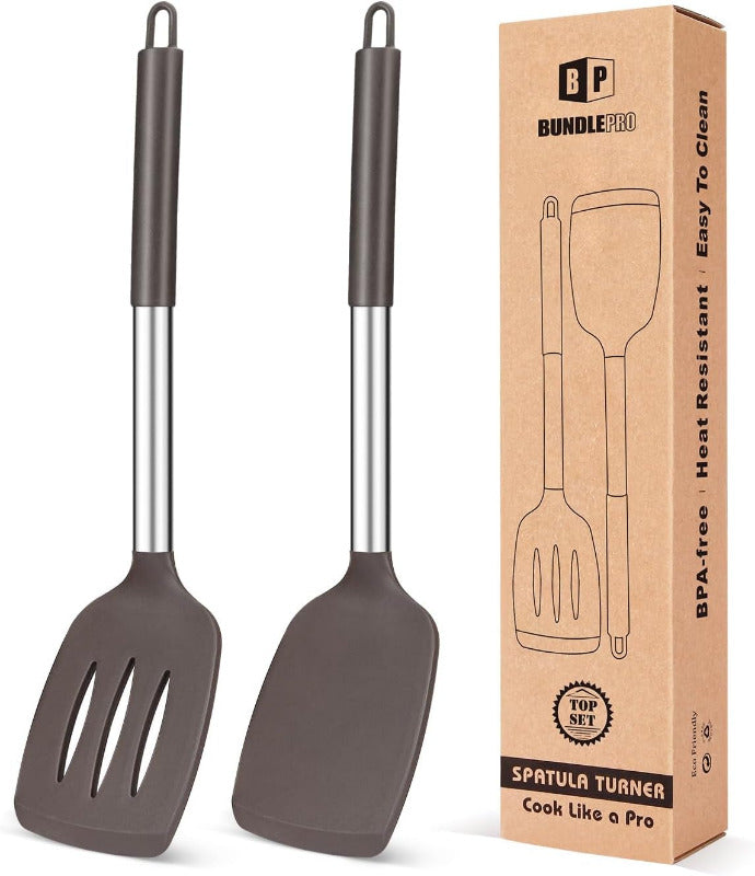 BUNDLEPRO 2-Piece Slotted Silicone Spatula Set – BPA-Free, Heat-Resistant Non-Stick Turner for Fish, Eggs & Pancakes | Flexible, Durable & Dishwasher Safe (Black)