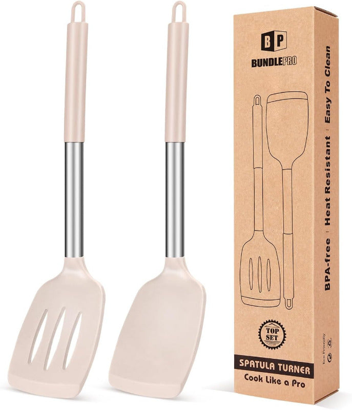 BUNDLEPRO 2-Piece Slotted Silicone Spatula Set – BPA-Free, Heat-Resistant Non-Stick Turner for Fish, Eggs & Pancakes | Flexible, Durable & Dishwasher Safe (Black)