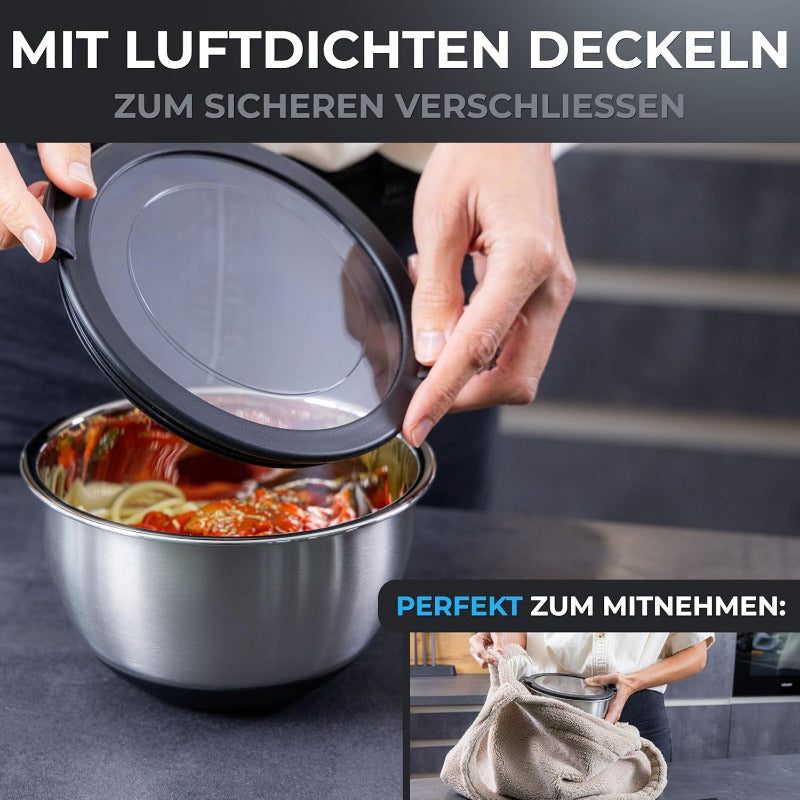 Ovisine Edelstahlschüssel-Set Roumare | 3-Teilig | ⌀ 24, 20, 16 Cm | Rührschüssel Edelstahl | Salatschüssel Groß | Küche | Rutschfester Boden | 1,0L - 2,5L - 4,5L Rührschüsseln | Inkl. Zubehör