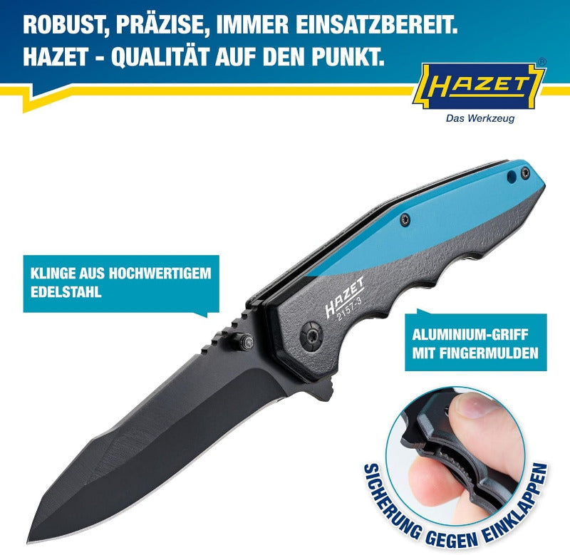 HAZET Klappmesser 2157-3 I Outdoor Taschenmesser Mit Hochwertiger Edelstahl-Klinge I Aluminium-Griff Mit Fingermulden Für Den Einsatz in Werkstatt, Industrie Oder Hobby