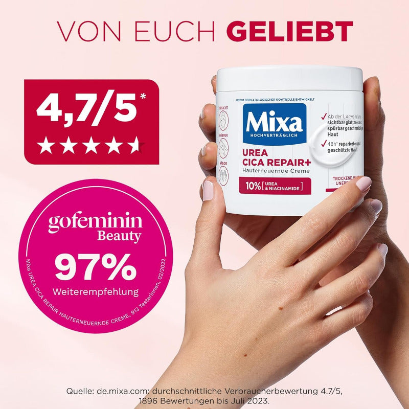 Mixa Urea Hauterneuernde Creme Mit Urea & Niacinamide, Für Trockene Und Raue Und Unebene Haut, Repariert Und Glättet, Feuchtigkeitspflege Für Den Körper, Hände Und Gesicht, Urea Cica Repair+, 400 Ml