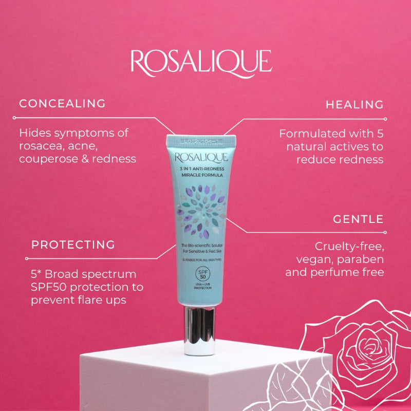 Rosalique 3 in 1 Anti-Redness Miracle Formula Colour Corrector SPF50 for Hypersensitive and Redness Prone Skin, Suitable for All Skin Types 1 X 30 Ml